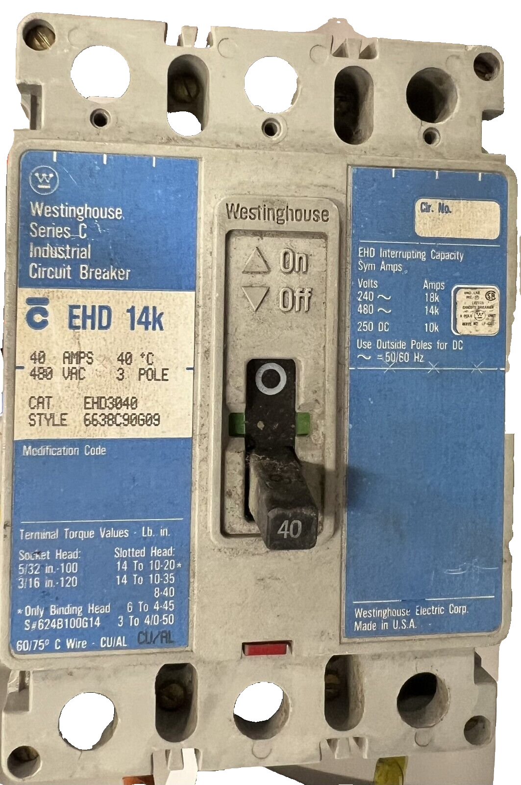 Westinghouse EHD3040 Circuit Breaker (40V-480VAC)