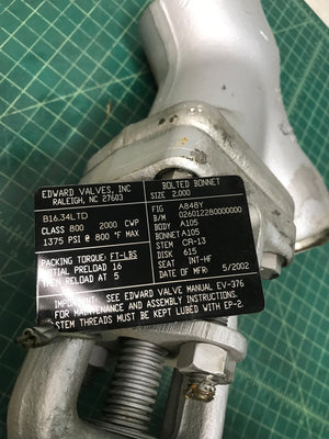 Edwards Globe Valve, B16.34LTD, size 2.0