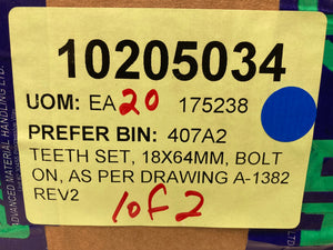 TEETH SET, 18X64MM, BOLT ON, AS PER DRAWING A-1382 REV2